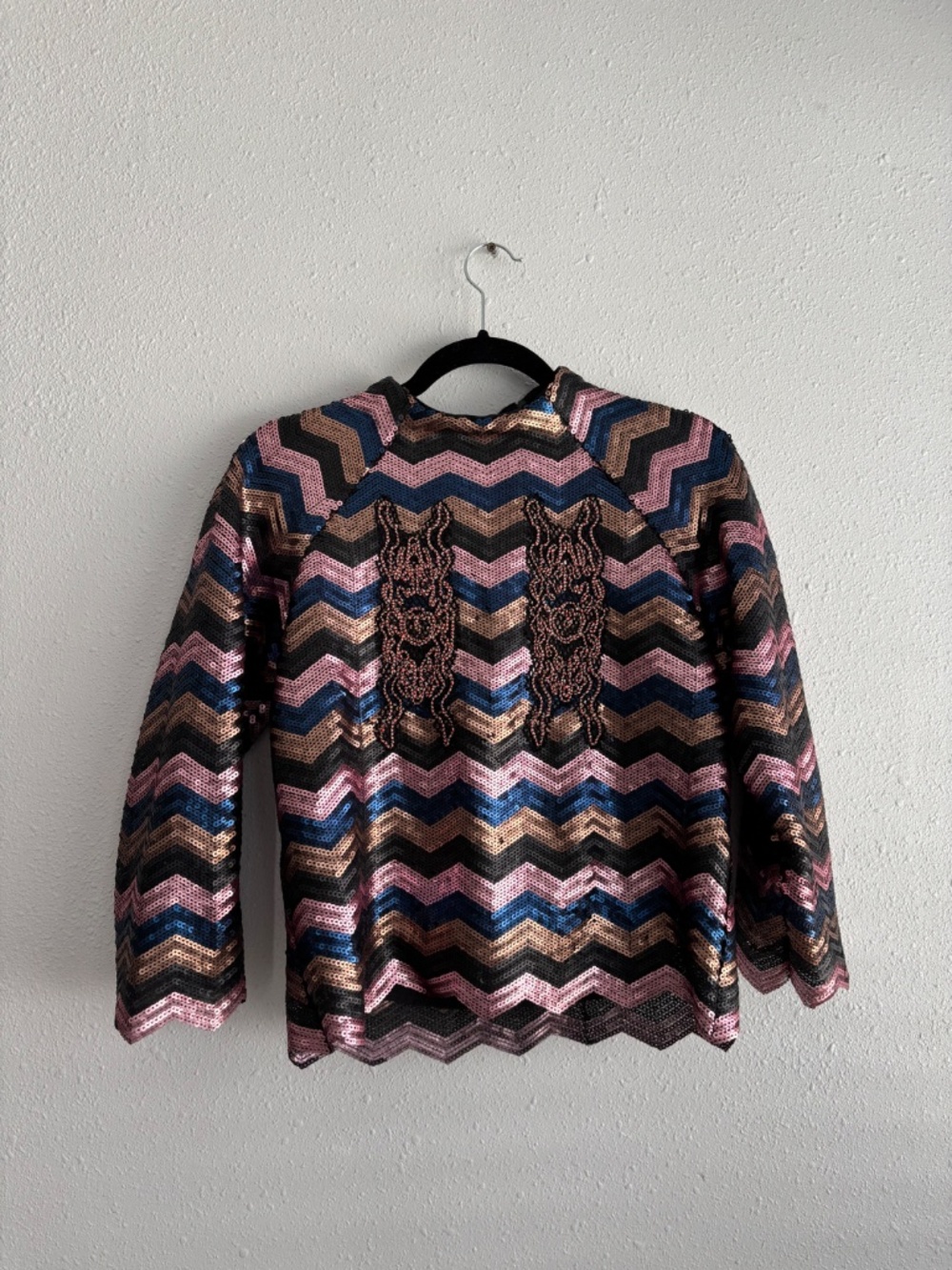Vivienne Tam 2016 Sequins Chevron Hem Embroidered Long Sleeve Top